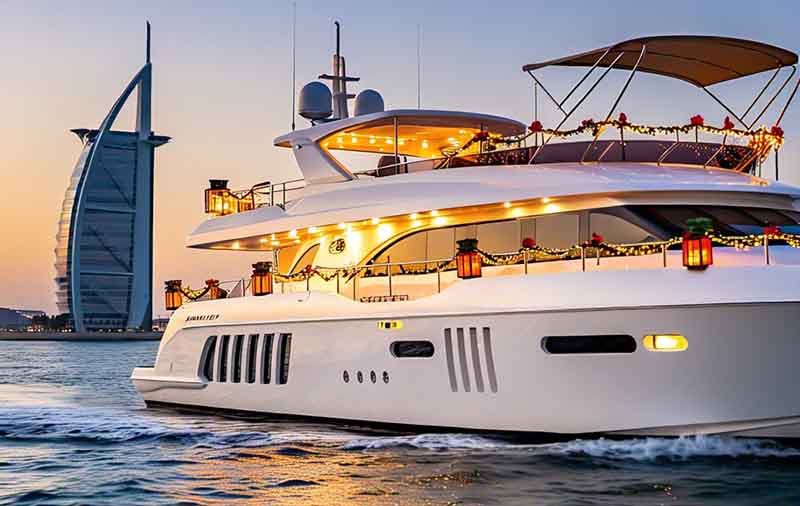 A luxurious white yacht, adorned with festive lights and decorations, cruises on the water with the iconic Burj Al Arab hotel visible in the background at sunset.