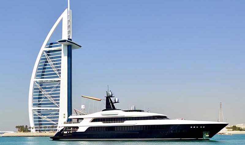 Luxury yacht cruising near the iconic Burj Al Arab hotel in Dubai