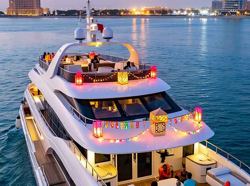 An aerial view of a large, multi-deck yacht on the water at dusk, illuminated with colorful lanterns and string lights, with people gathered on the top deck enjoying a party. City lights are visible in the background.