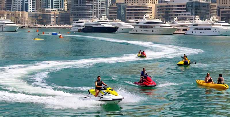 Several people are enjoying various water sports activities in Dubai's clear waters, including riding jet skis that leave white trails and paddling in yellow kayaks. In the background, numerous luxurious yachts are docked near the city skyline, suggesting a vibrant and active waterfront scene.
