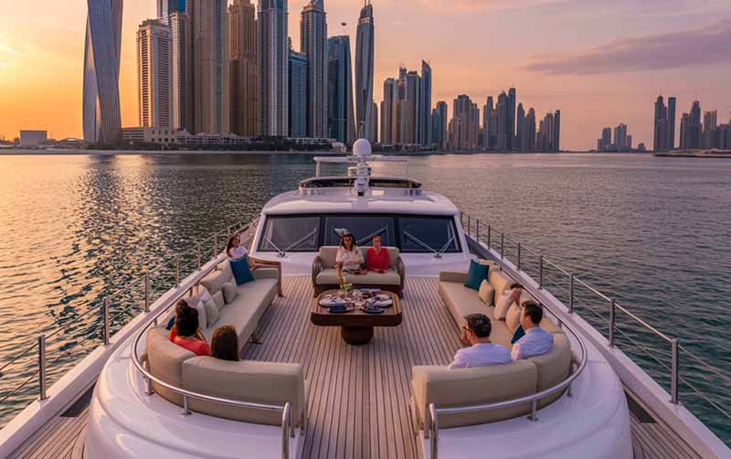 Guests enjoying a luxury yacht party at sunset in Dubai, with the stunning city skyline as a backdrop, perfect for private events and celebrations.