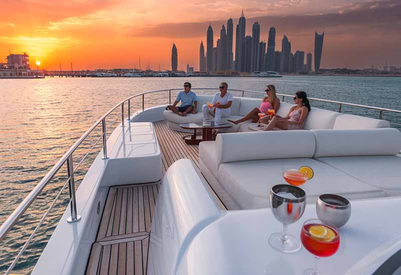 A group of people enjoying a luxurious sunset cruise on a yacht with the Dubai skyline in the background, showcasing the premium experience of Dubai yacht rental.