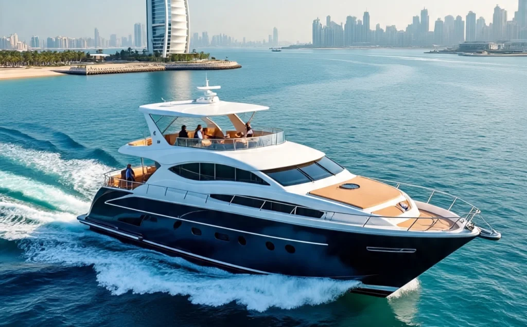 Luxury yacht cruising through the waters near Burj Al Arab with Dubai skyline in the background