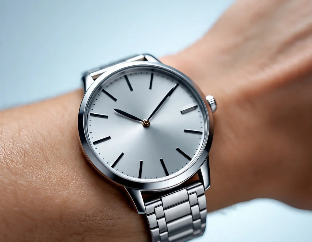 Silver wristwatch on a person's wrist
