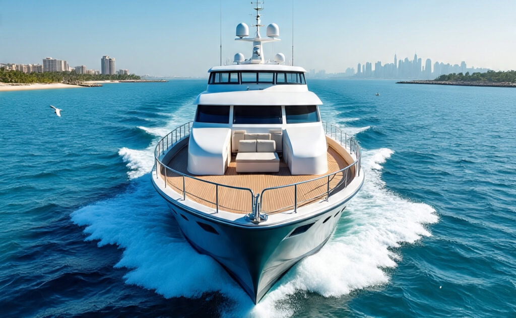Luxury yacht cruising through the blue waters near Dubai Marina with city skyline and seagulls in the background.