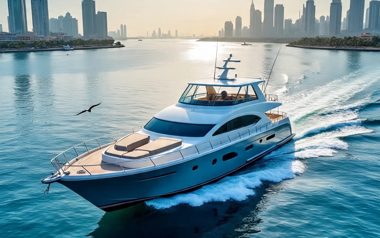 A luxury yacht sailing through calm waters with the Dubai skyline in the background during sunset, featuring the Burj Khalifa and other skyscrapers under a golden sky.