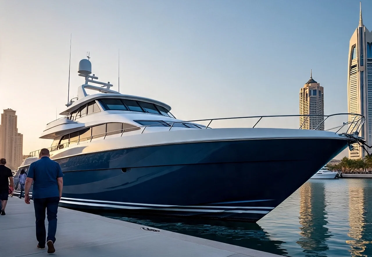 A luxury yacht docked at Dubai Marina during sunset, with people walking on the pier and modern skyscrapers in the background reflecting on the calm water.