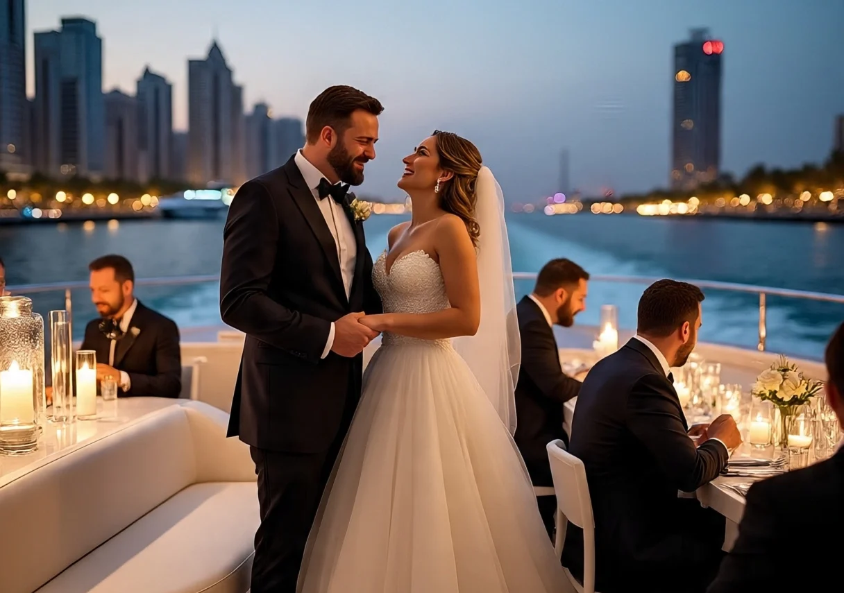 A pre-wedding party on a luxurious yacht in Dubai Marina, with the city skyline in the background