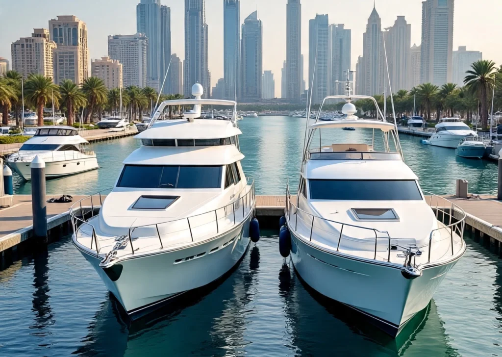 A split-screen comparison of a luxurious yacht and a standard yacht docked in Dubai Marina, showcasing the difference in opulence and design