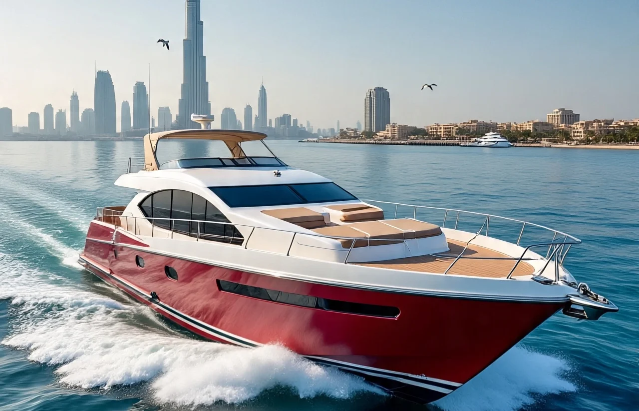 A sleek, luxurious yacht docked in the vibrant Dubai Marina, with city skyline in the background