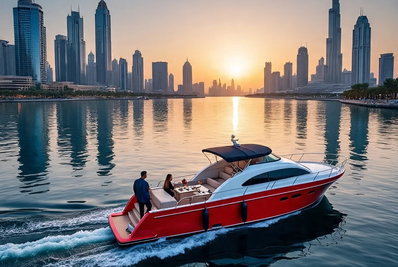 A luxurious yacht docked in Dubai Marina, with the city's iconic skyline and Arabian Gulf waters in the background