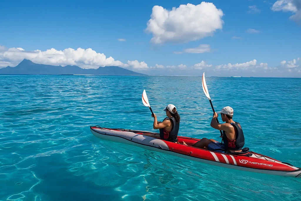 Two people kayaking in a red inflatable kayak on calm, turquoise tropical waters with distant mountains and fluffy white clouds in the background.