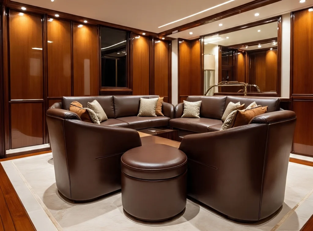 A luxurious interior of a yacht in Dubai, featuring plush seating, elegant decor, and large windows overlooking the Arabian Gulf waters