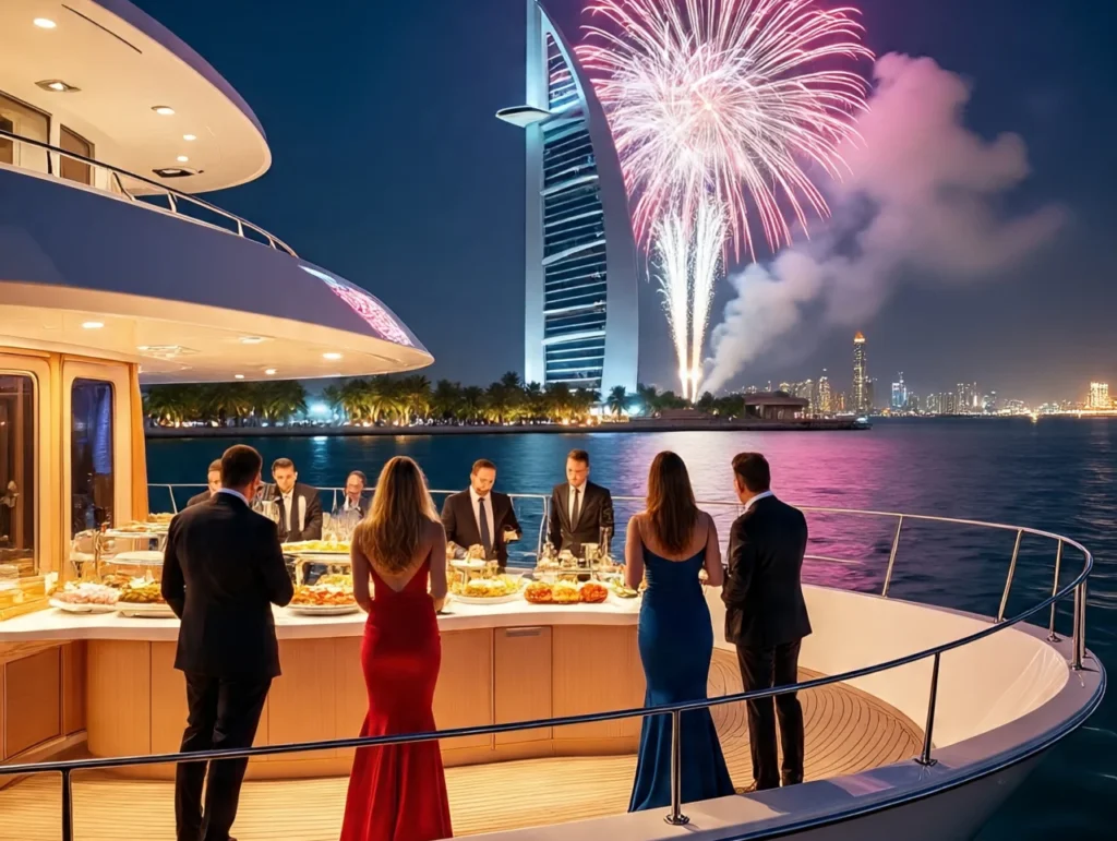 A luxurious yacht party in Dubai with guests enjoying fine dining, cocktails, and stunning city skyline views