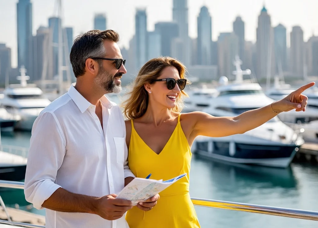 A couple planning their dream yacht party in Dubai Marina