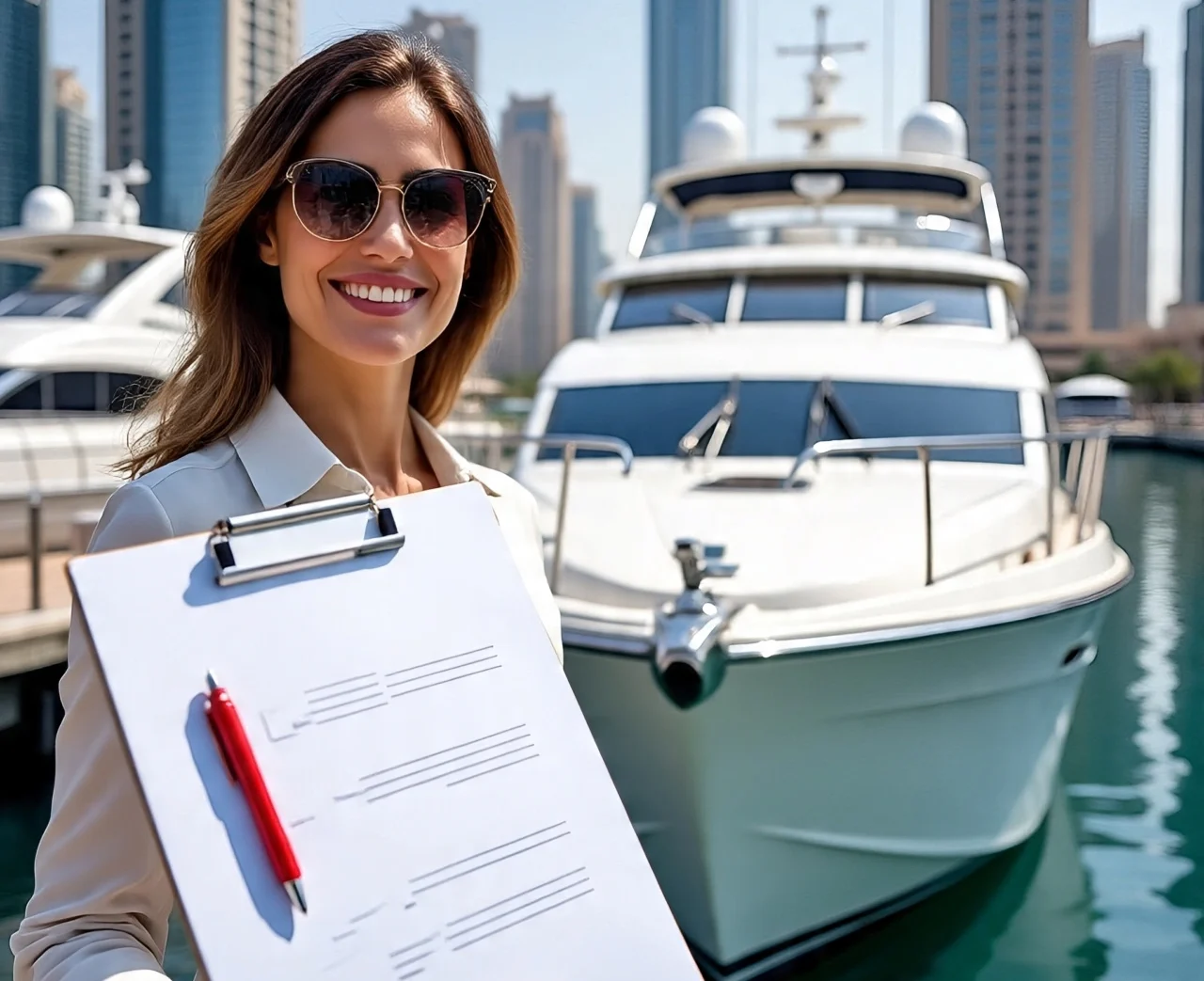 A comprehensive checklist for planning a yacht party in Dubai, including details and a luxurious yacht in the background