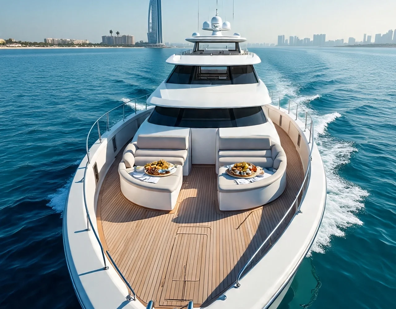 A sleek, luxurious yacht docked in Dubai Marina with city skyline in the background
