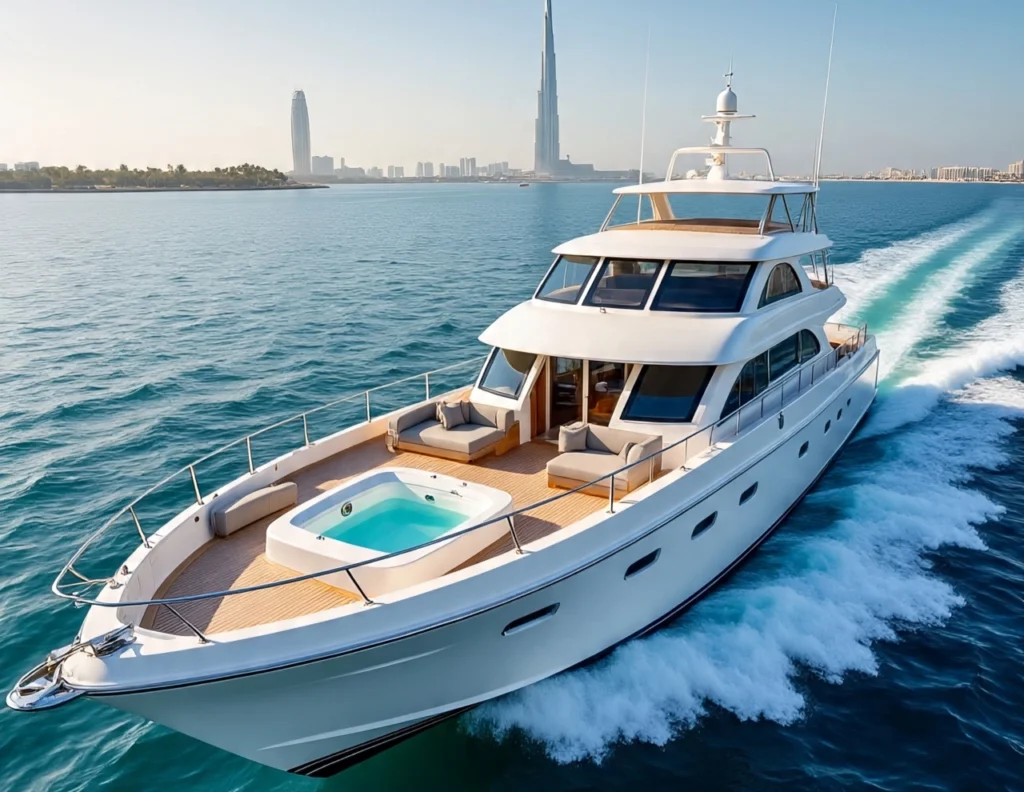 A stunning luxury yacht sailing in the waters of Dubai with the city's iconic skyline
