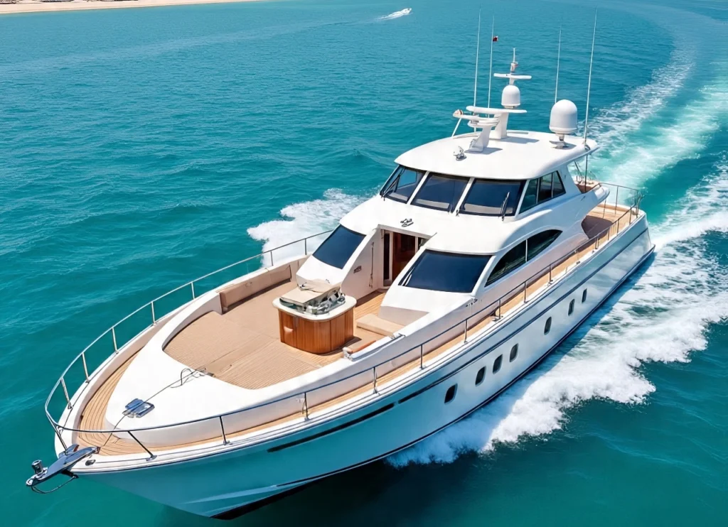 A sleek white luxury yacht with wooden decking cruises through turquoise waters, leaving a trail of white foam.