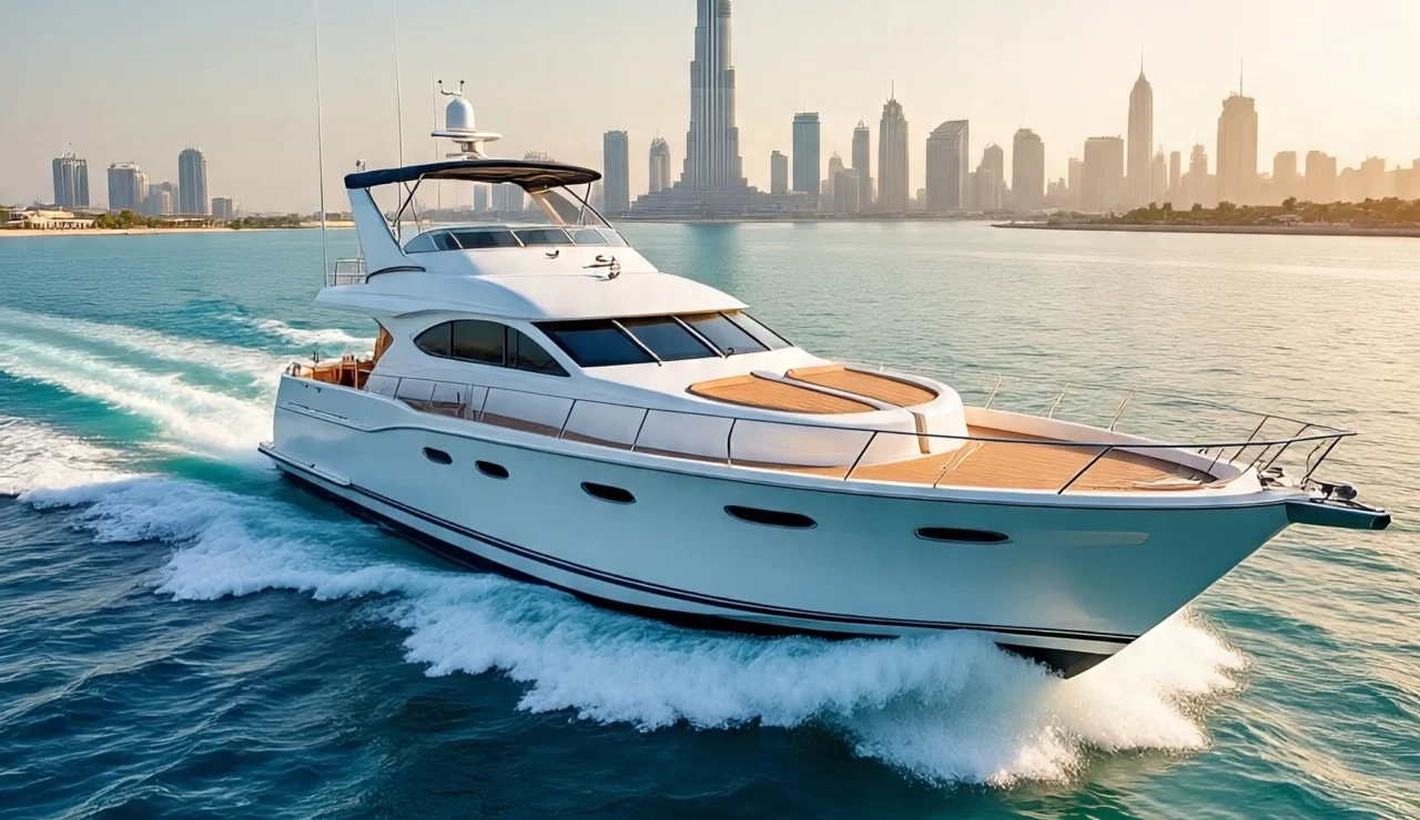 A sleek white luxury yacht cruising through turquoise waters with the Dubai skyline