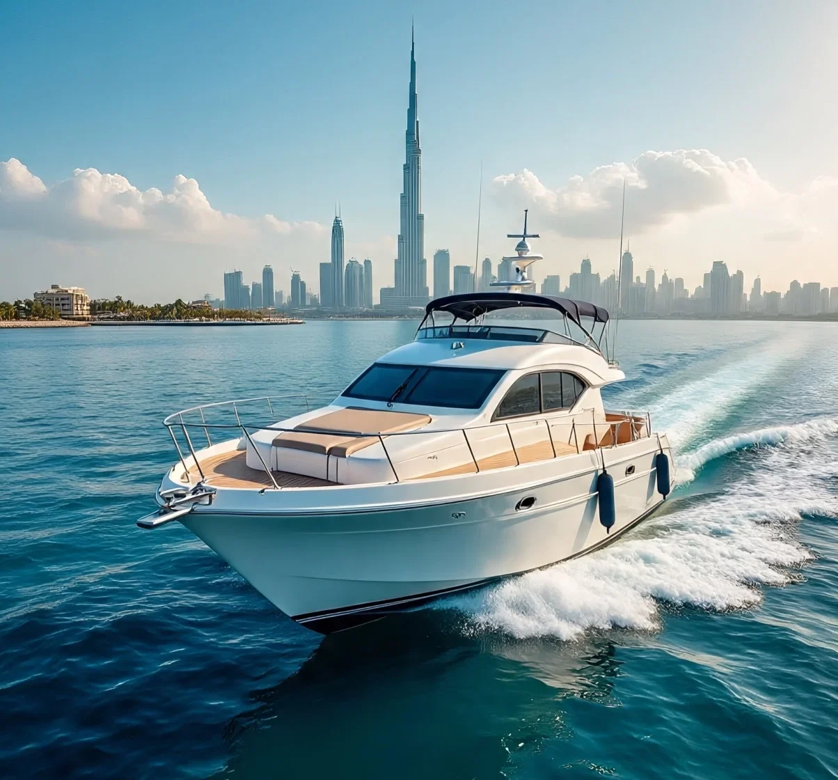 A sleek white yacht gliding through the waters of Dubai Marina with the iconic Dubai skyline and Burj Khalifa in the background under a clear blue sky.