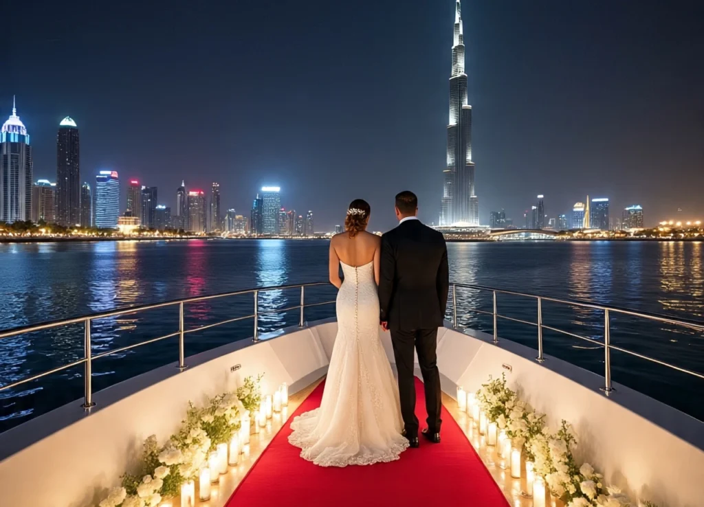 A bride and groom standing on a yacht's deck at night, overlooking Dubai's skyline with the Burj Khalifa in view. The yacht's deck has a red carpet path lined with candles and white flowers, leading to the couple.