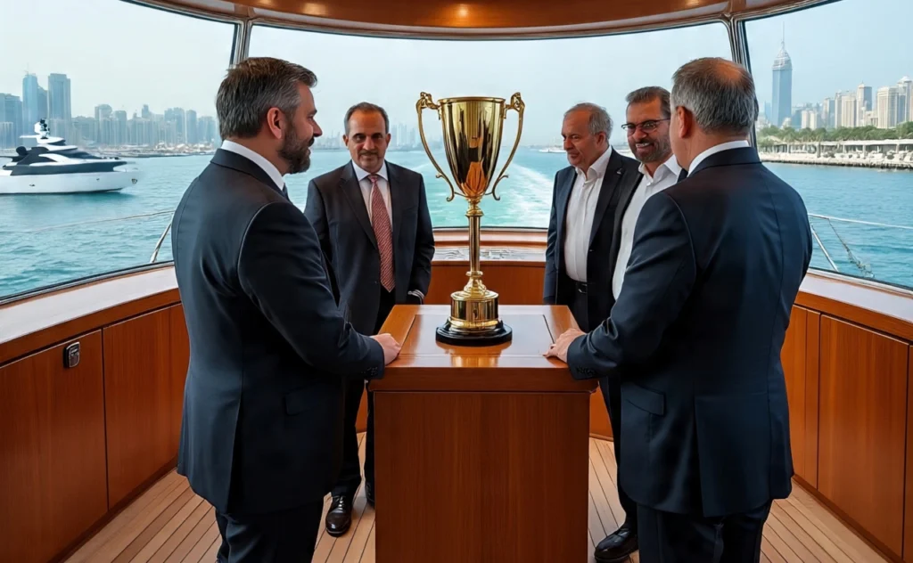 Five men in suits gathered around a wooden pedestal with a gold trophy on a luxury yacht deck overlooking Dubai's waterfront and city skyline