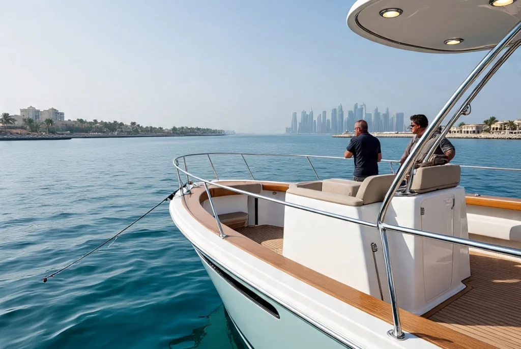 A luxury white yacht with wooden decking and beige seats floats on calm blue waters in Dubai Marina. Two men stand on the deck looking towards the Dubai skyline in the distance under a clear sky