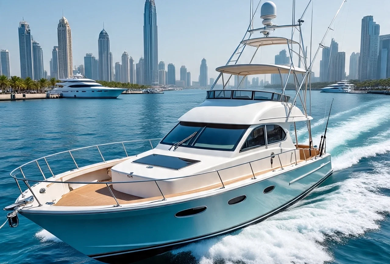 A sleek white luxury fishing yacht with fishing rods on deck glides through the blue waters of Dubai Marina with the city's skyline in the background.