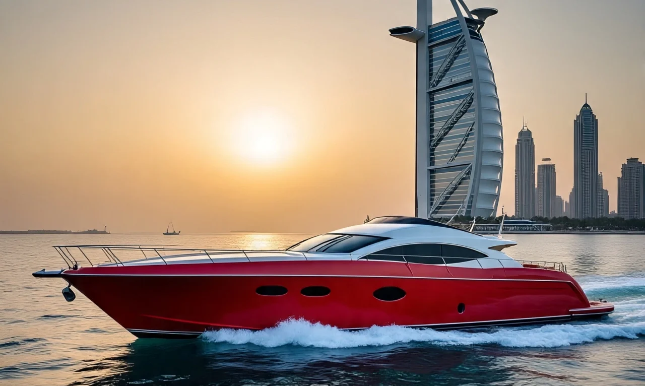 A red luxury yacht cruising on calm waters with the Burj Al Arab and Dubai skyline in the background during sunset