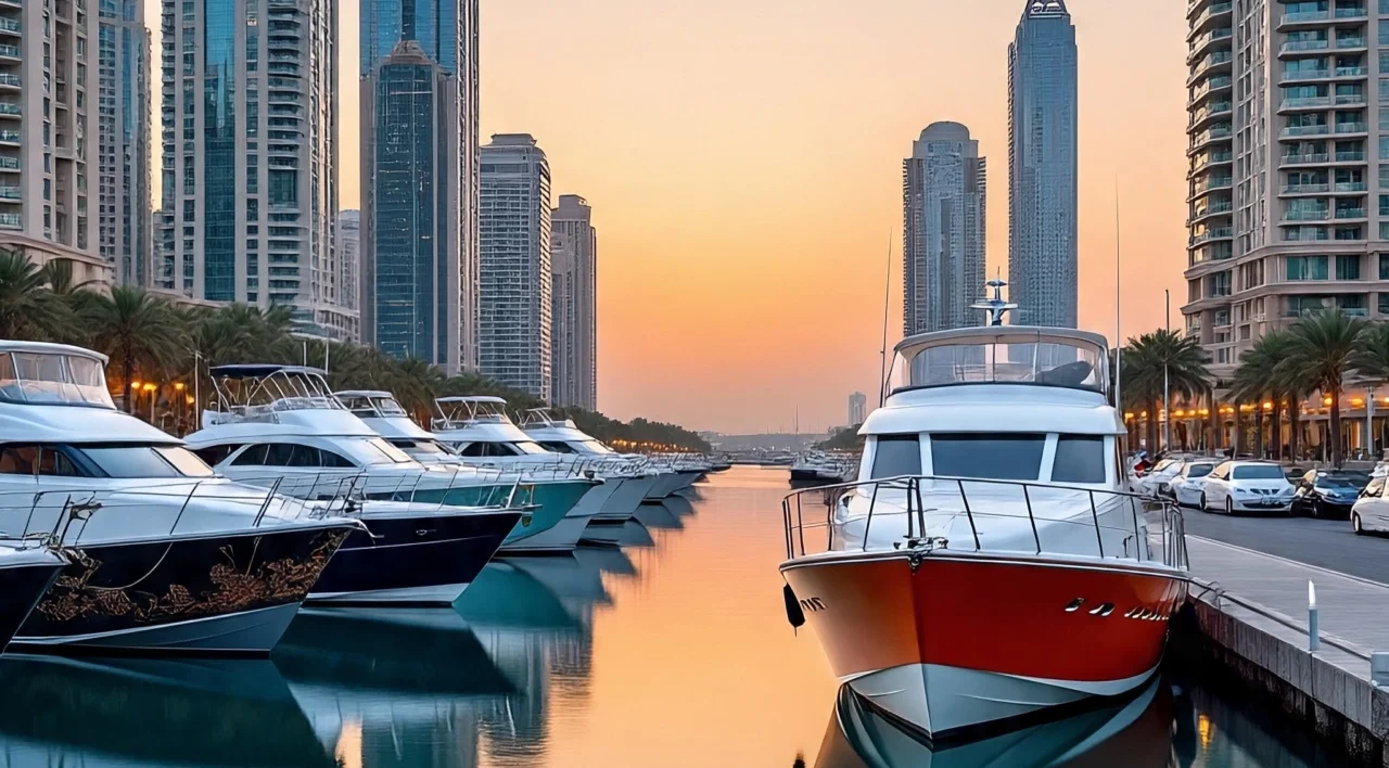 Several luxury yachts docked in a marina surrounded by tall skyscrapers and palm trees in Dubai, with a sunset backdrop casting an orange glow.