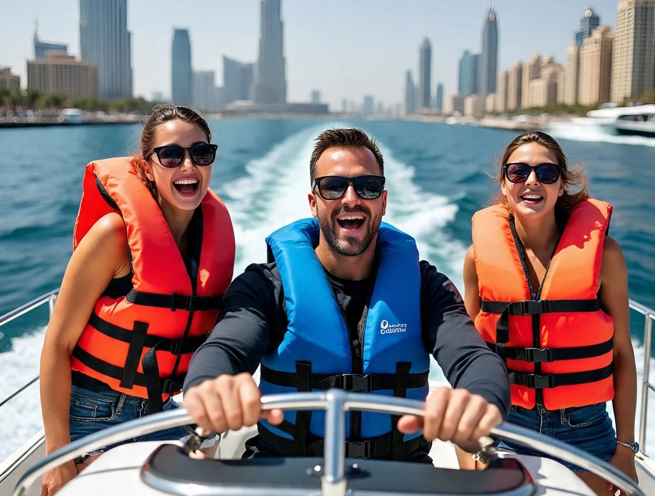 Three people wearing life jackets and sunglasses are riding a speedboat in Dubai Marina with the city skyline