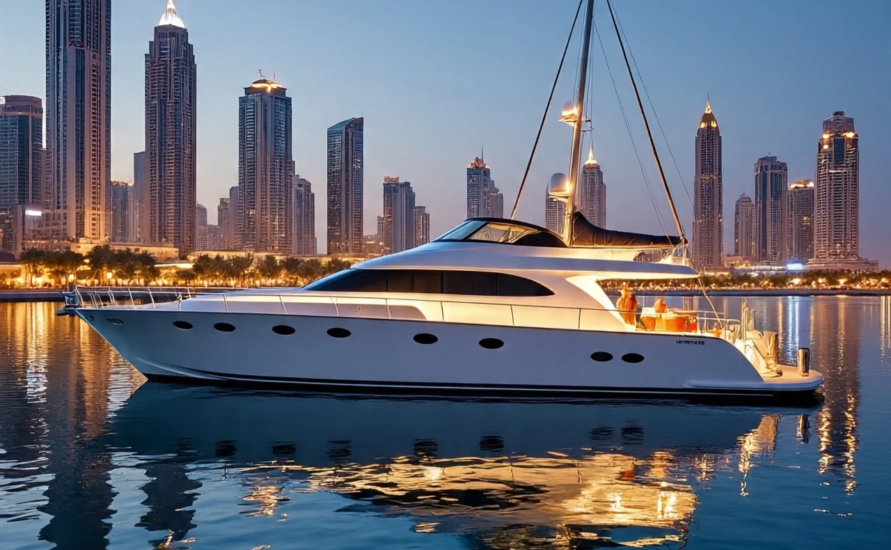A sleek white yacht anchored in calm waters with Dubai's skyline of high-rise buildings in the background at dusk.