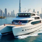 A large white luxury catamaran cruise sailing through the waters of Dubai Marina with the Dubai skyline in the background