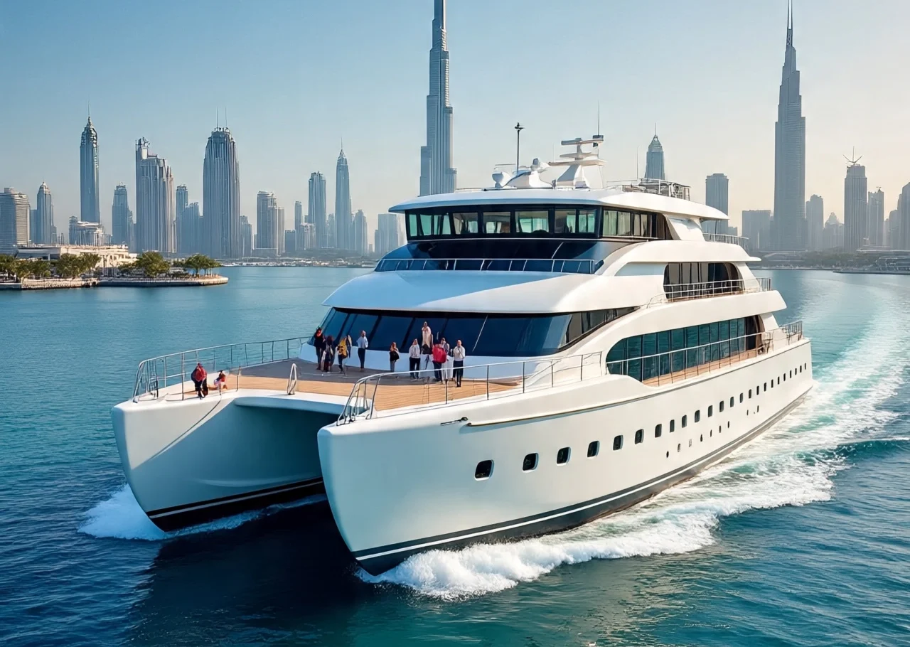 A large white luxury catamaran cruise sailing through the waters of Dubai Marina with the Dubai skyline in the background