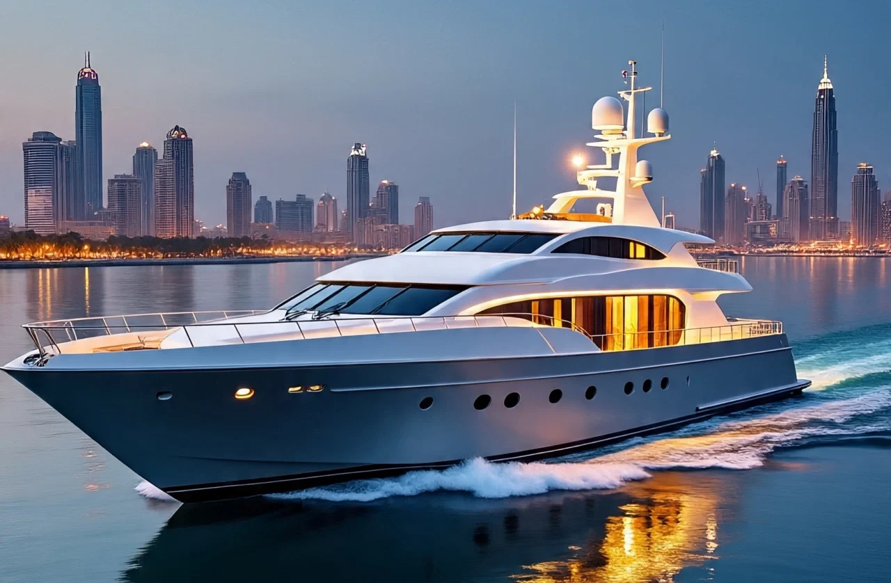 A sleek white yacht cruising on blue waters with Dubai’s illuminated skyline in the background, showcasing a premium Dubai yacht rental experience.