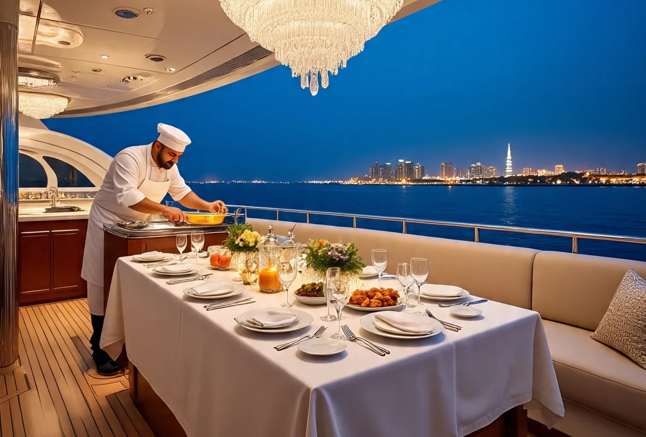 A chef preparing a gourmet meal on a luxurious Dubai yacht rental dinner cruise, with an elegantly set table overlooking the Dubai skyline at dusk.