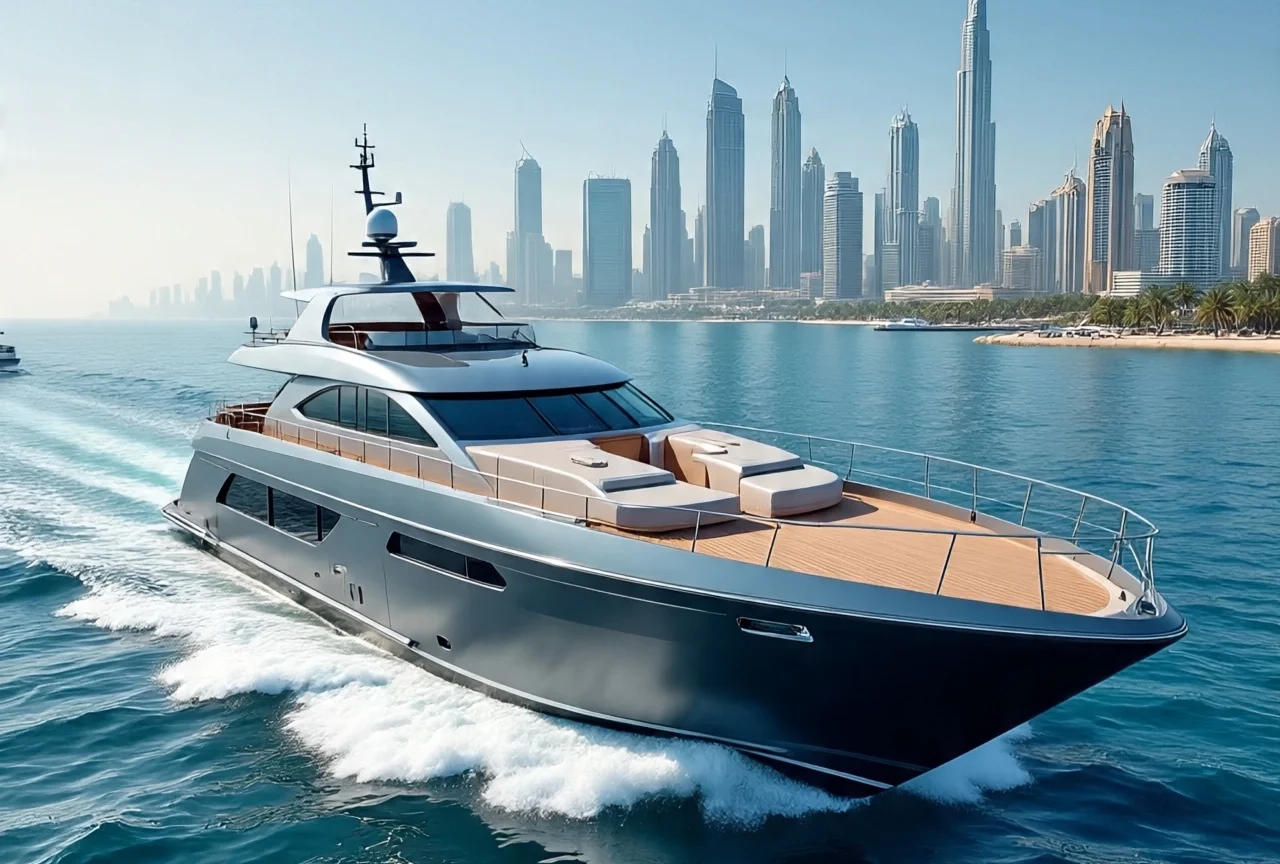 Modern silver and black yacht cruising on blue waters with the Dubai skyline in the background, representing Dubai yacht rental trends for 2025 and beyond.