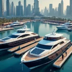 Aerial view of sleek black‑white yachts docked at a Dubai marina for dubai yacht rental, with modern city skyscrapers in the background.
