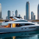 A premium Dubai yacht rental, a white luxury yacht cruising on blue water with the Dubai skyline