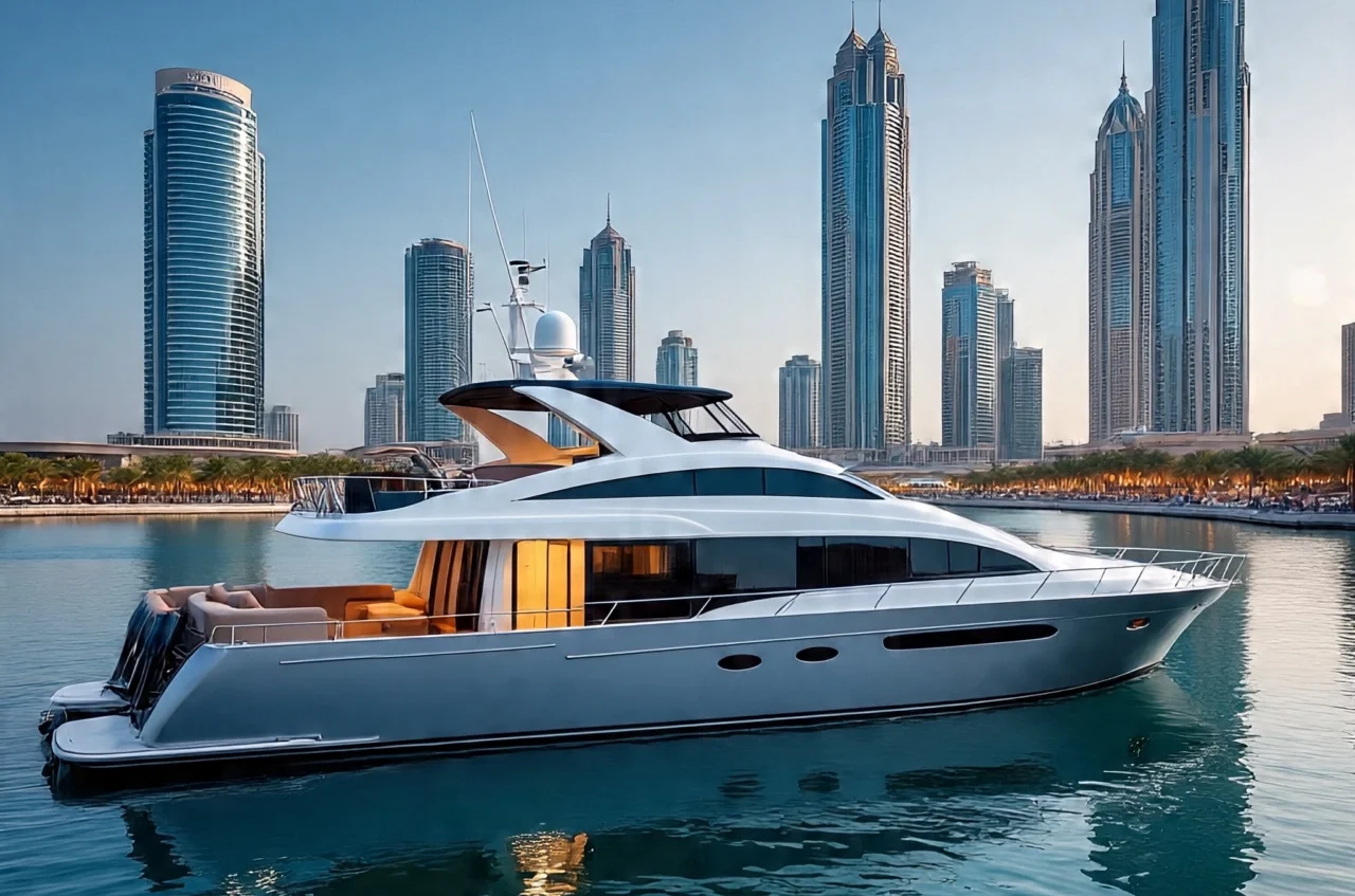 A premium Dubai yacht rental, a white luxury yacht cruising on blue water with the Dubai skyline