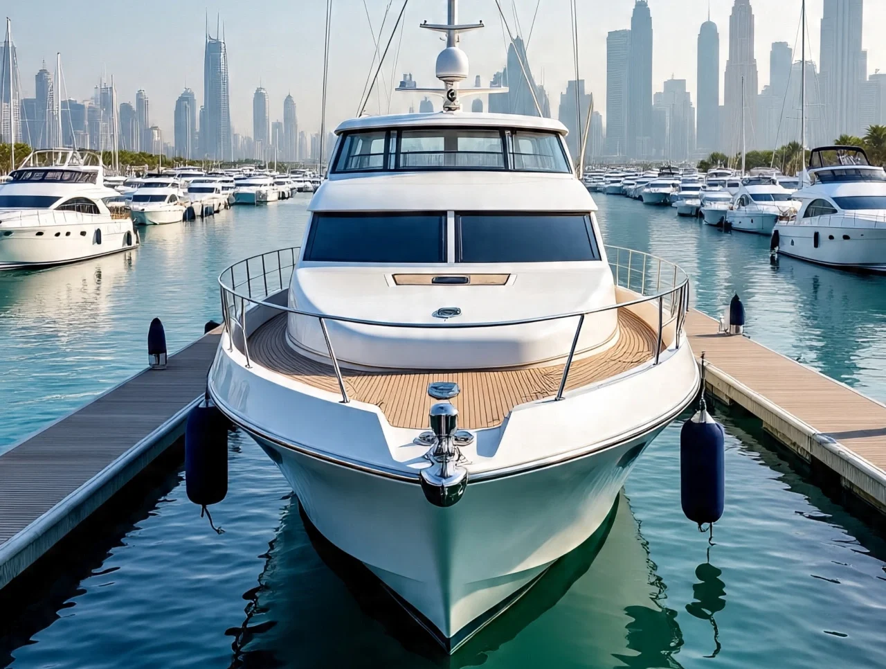 White luxury yacht docked at a Dubai marina for yacht rental, with modern city skyline in the background.