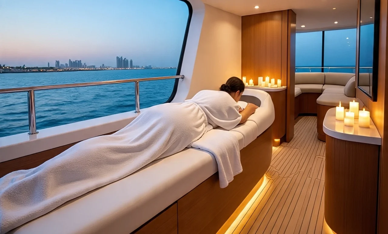A serene spa area on a Dubai yacht rental showing a woman relaxing on a massage table with candles and a view of Dubai's skyline over the water, highlighting wellness on the water.