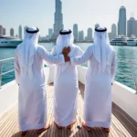 Rear view of three men wearing white kanduras and ghutras standing on the deck of a luxury yacht rental in Dubai, arms around each other, looking at the Dubai skyline