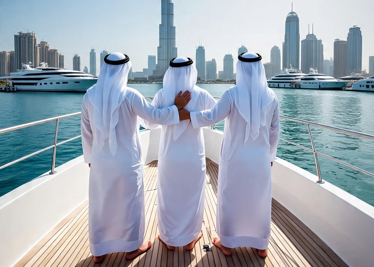 Rear view of three men wearing white kanduras and ghutras standing on the deck of a luxury yacht rental in Dubai, arms around each other, looking at the Dubai skyline