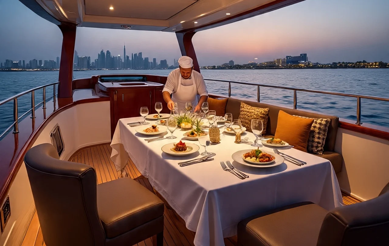 A chef in white uniform arranging gourmet dishes on a elegantly set dining table aboard a private yacht rental in Dubai, overlooking the city skyline at sunset.