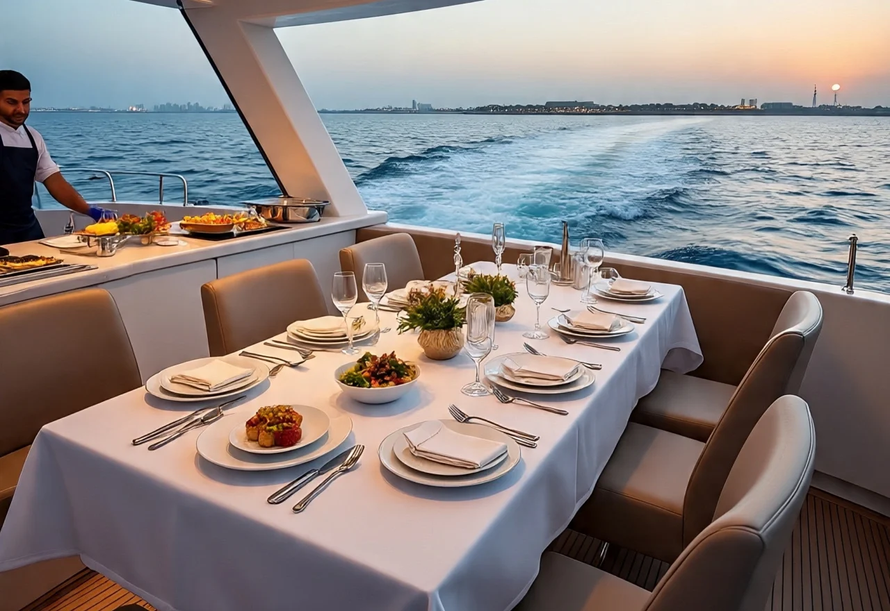Elegant dining setup on a Dubai yacht rental featuring a chef preparing food, a beautifully arranged table with plates, glasses, and gourmet dishes, overlooking the sunset sea view.