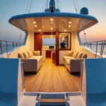 A luxurious yacht with spacious deck and comfortable seating area, perfect for relaxation or entertaining, ideal for Dubai yacht rental and overnight stays.