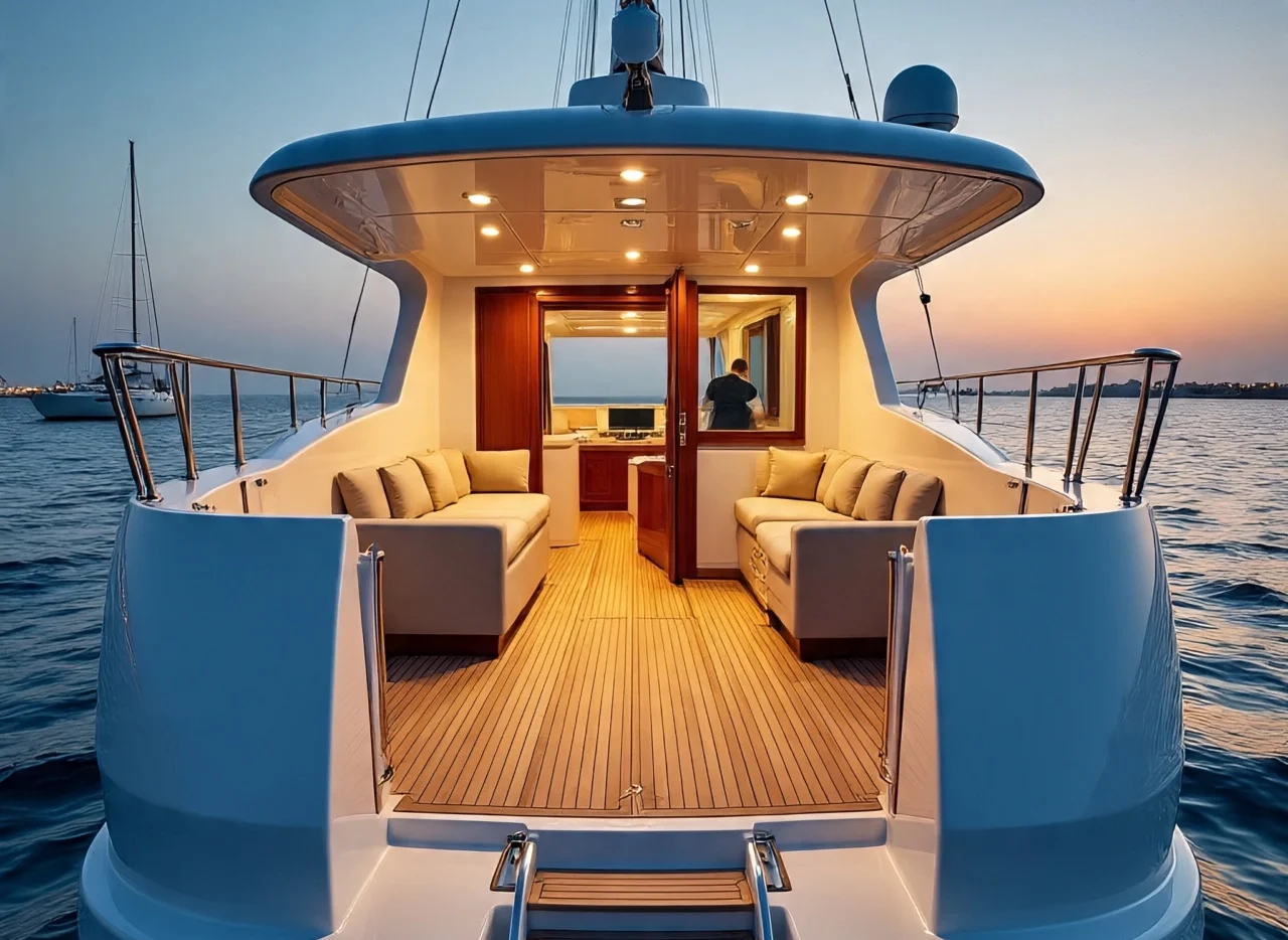 A luxurious yacht with spacious deck and comfortable seating area, perfect for relaxation or entertaining, ideal for Dubai yacht rental and overnight stays.