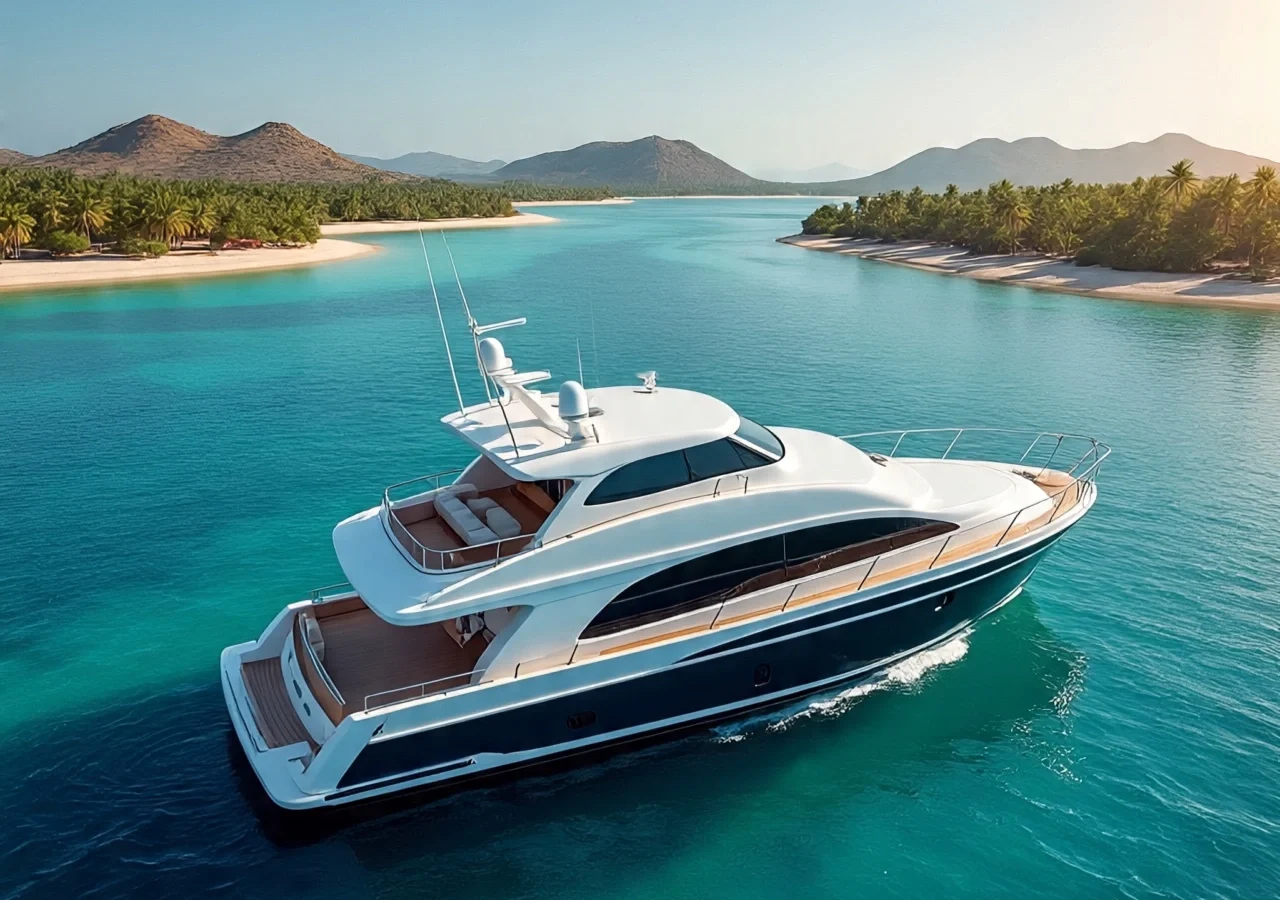 A sleek white and dark blue luxury yacht cruising in turquoise waters near palm‑lined sandy beaches and mountainous islands, ideal for private yacht expeditions and island hopping in the UAE.